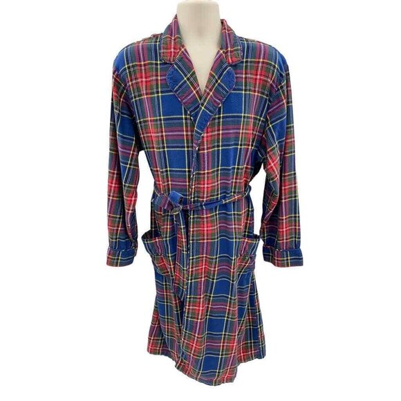 Lands' End Robe Mens Large 42-44 Red Blue Tartan‎ Plaid 100% Cotton Belt Pockets - Picture 1 of 7